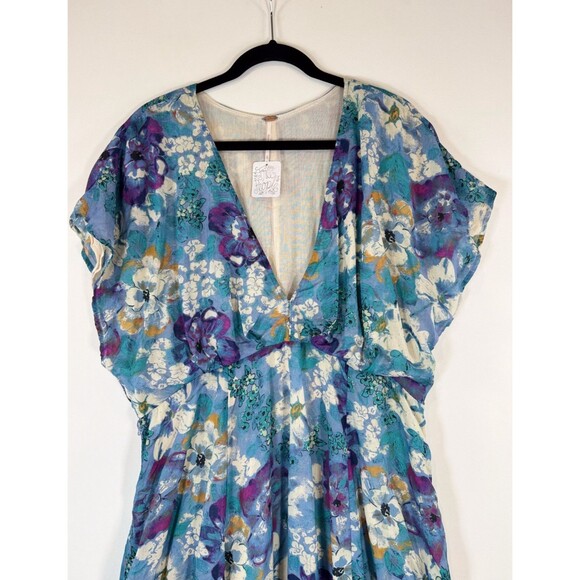 NWT Free People Womens Dress Blue Freddy Mini Floral V Neck Waist Tie Boho XL - Picture 5 of 8